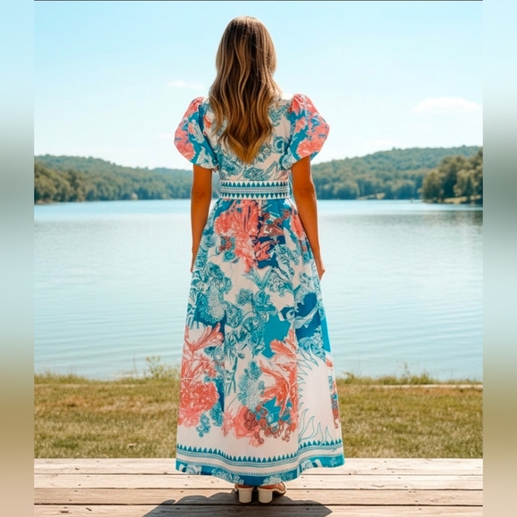 Garden Floral Button-Up Mock Neck Puff Sleeve Wide Belt Slit Front Maxi Dress - Picture 3 of 12